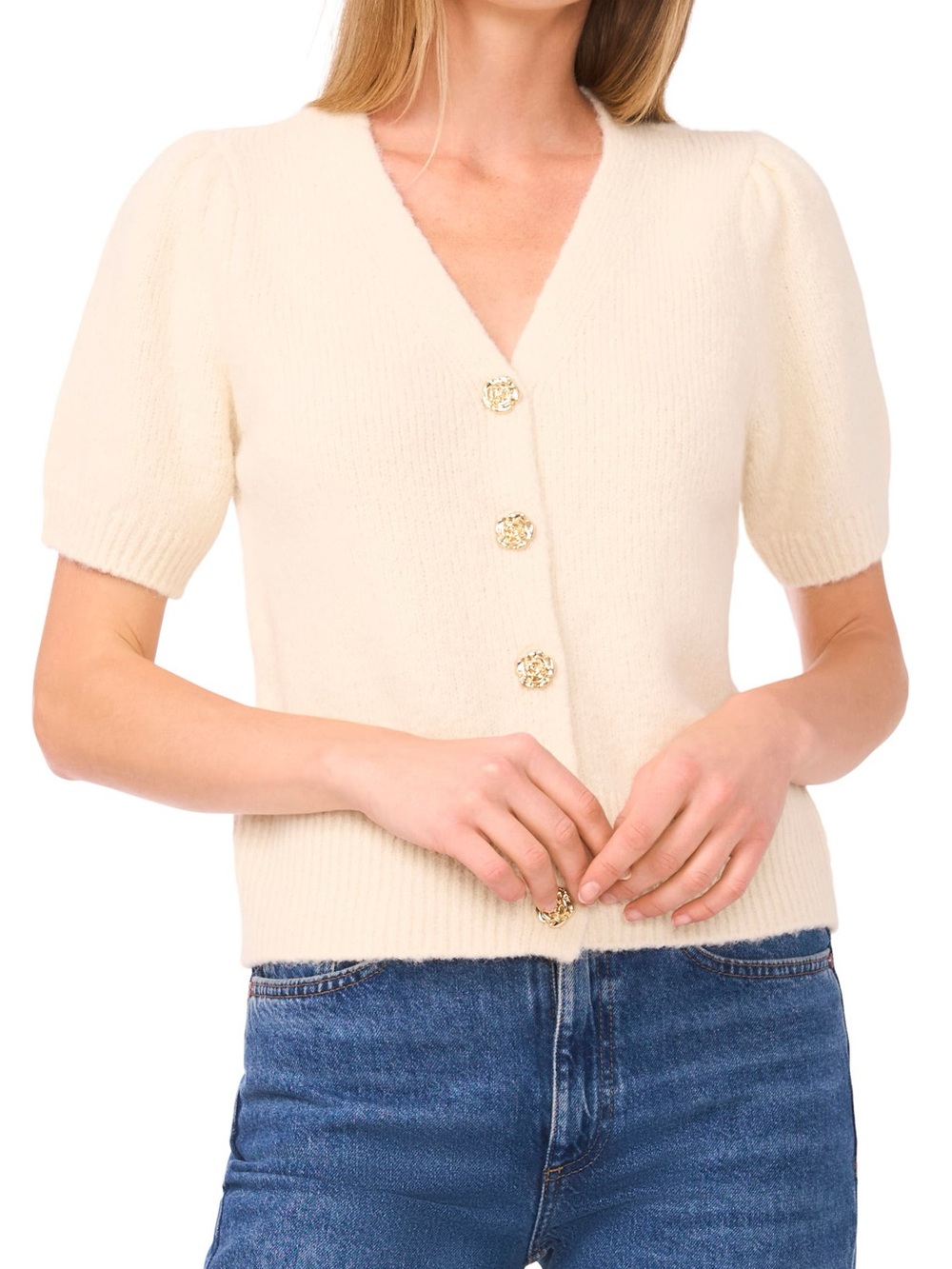 Ted Baker London Cream Puff-Sleeve Rose Button Cardigan